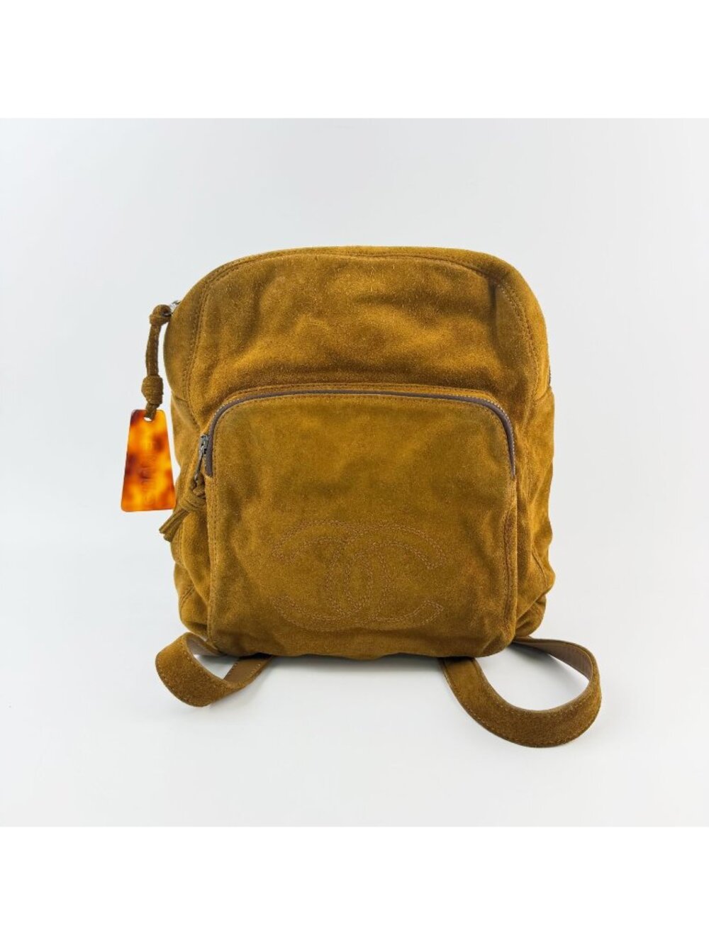 Chanel CC Logo Suede Tortoiseshell Backpack Mustard Brown Seal Vintage